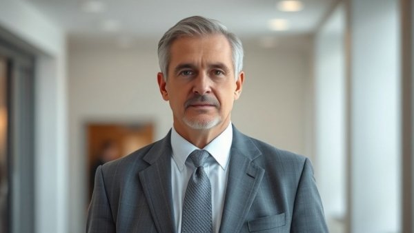 Middle-aged man in gray suit indoors, soft lighting.