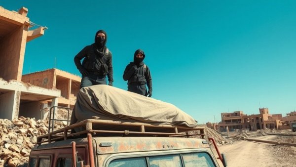 Masked men guard a covered body amid Gaza rubble, Israel airstrike 2025.