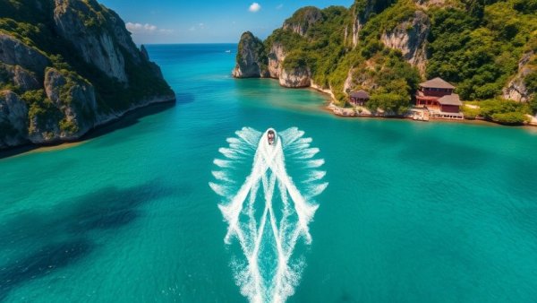 Scenic views in Phang Nga, Thailand with heart-shaped boat trail and limestone cliffs.