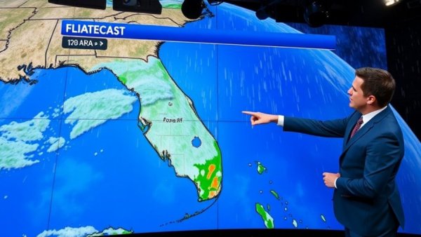 Meteorologist presenting Orlando weather updates with rain forecast.