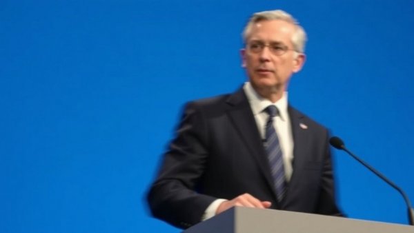 Blurred man in suit speaks at conference, hinting at Ukraine-Russia deadlock.