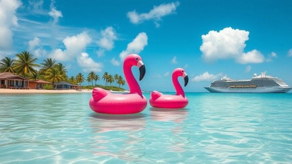 Scenic views of Cozumel with flamingo floats and cruise ship.