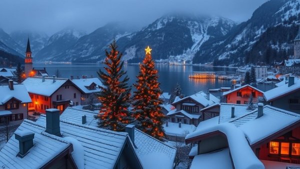 Scenic winter view of Hallstatt with festive lights.