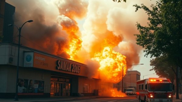 Eustis explosion news alert showing business engulfed in flames with smoke billowing.