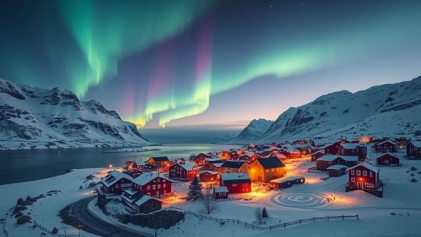 Scenic views of a winter village under northern lights.