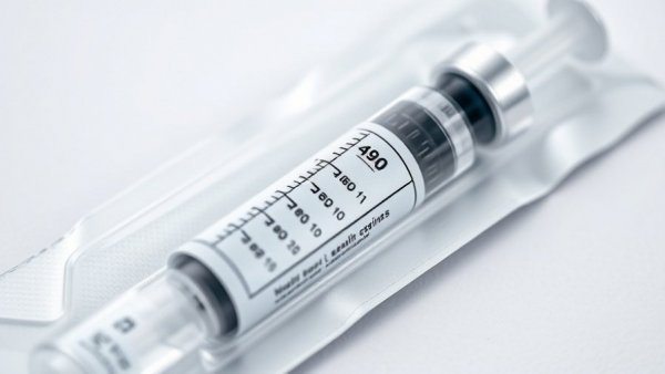 Close-up of vaccination syringe in packaging, focusing on medical equipment.
