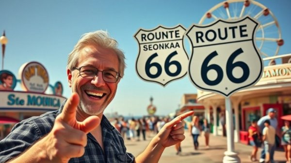 Smiling man at Route 66 sign on sunny Santa Monica Pier during RV travel.