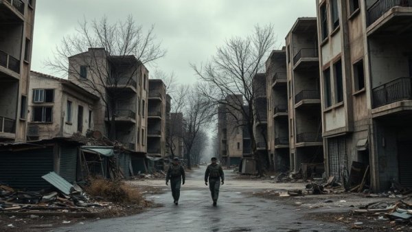 Russia aerial assault on Ukraine scene with dilapidated buildings and soldiers.