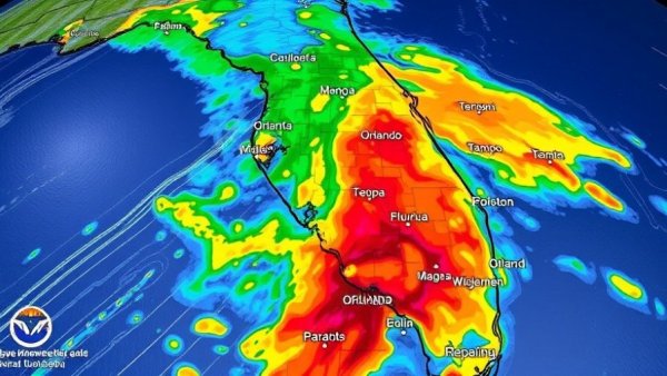 Vivid radar map of Central Florida weather updates showing rainfall patterns.