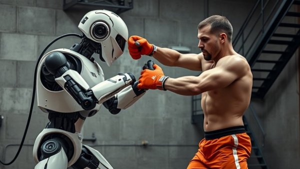 Humanoid robot battle in gym, intense sparring scene.