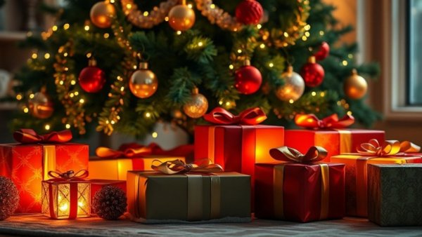 Warmly lit Christmas gifts under tree in festive ambiance