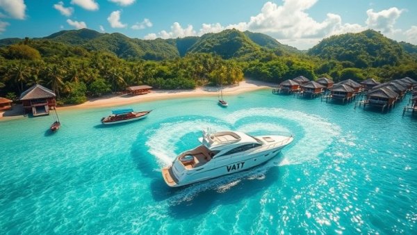 Idyllic tropical travel destination with luxury boat near beach.