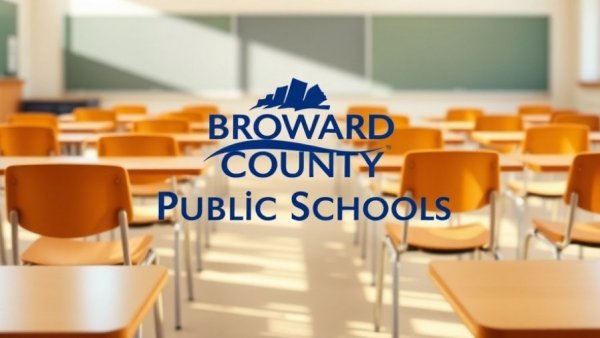 Broward County Public Schools logo with empty chairs, educational setting.