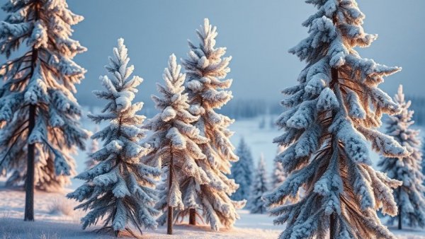 Frosty pine trees on a tranquil winter morning, calm atmosphere.