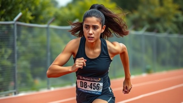 Young female runner in action on outdoor track for cross country state title.
