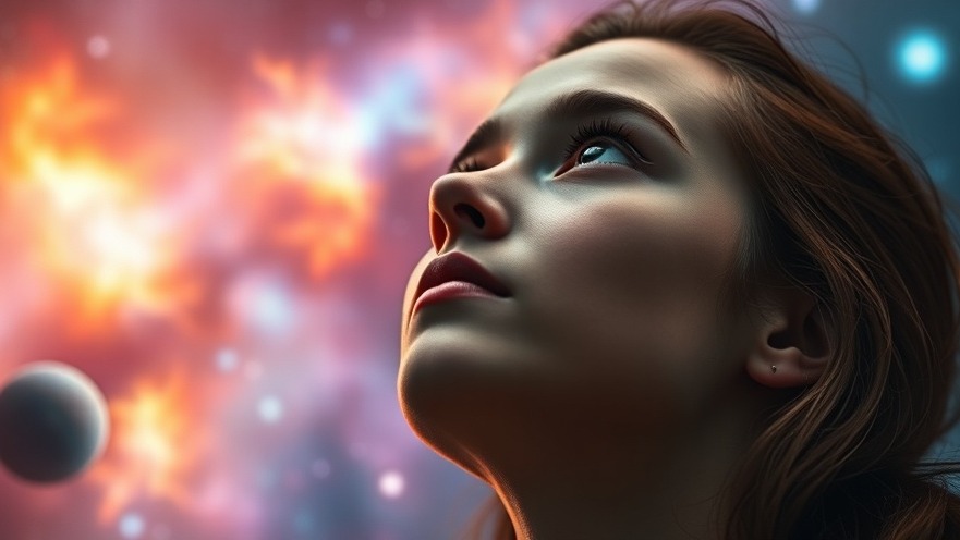 Young woman gazes upwards in a cosmic scene, embodying self-discovery and spiritual growth.