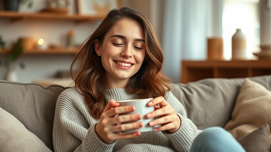 Relaxed young woman enjoying intuitive eating in a cozy living room, embracing authentic living.