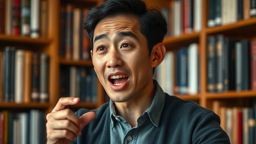 Asian male passionately discussing memory improvement techniques, surrounded by bookshelves.