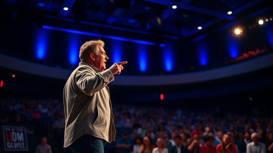 Dynamic motivational speaker inspiring personal empowerment on stage with vibrant blue lighting.