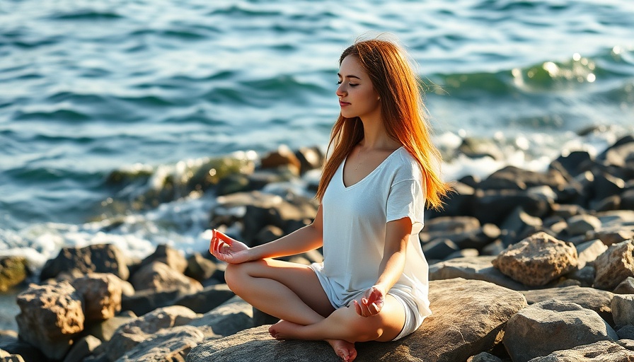 Peaceful young woman meditating beside ocean for health and beauty affirmations.