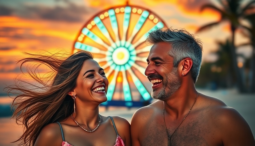 Happy couple by glowing aura at beach, twin flames and soulmates.