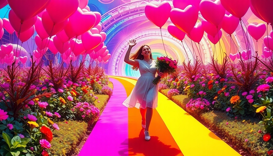 Colorful journey of self-love with balloons and rainbow path.