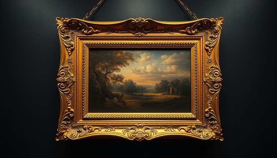 Ornate framed painting with a still life scene, dimly lit.