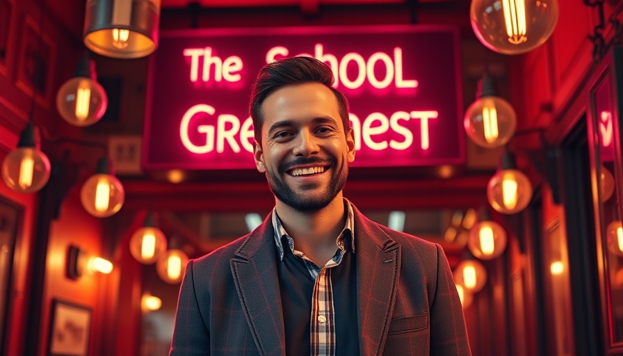 Smiling man beside neon sign, vibrant background lighting.