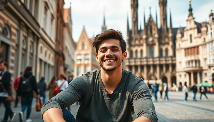 Young man enjoys European architecture at a historic site for Backpacking Europe Guide.
