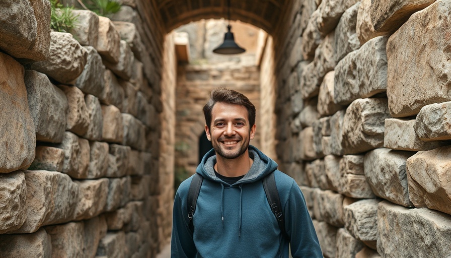 Hiker at Huchuy Qosqo ruins with stone passage.