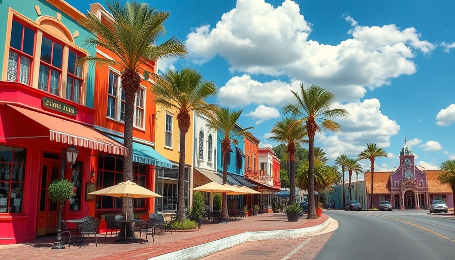 Charming small town near Tampa with colorful storefronts.