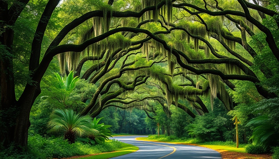 Scenic drive through Florida Historic State Parks with oak trees and moss.