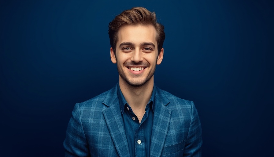 Person casually smiling in a blue checkered blazer with a dark background.