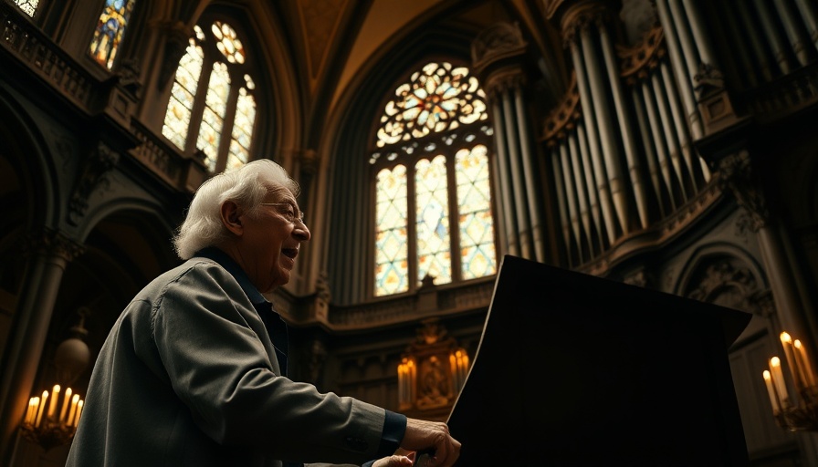 Elderly musician in cathedral illustrates music as a gift from God.