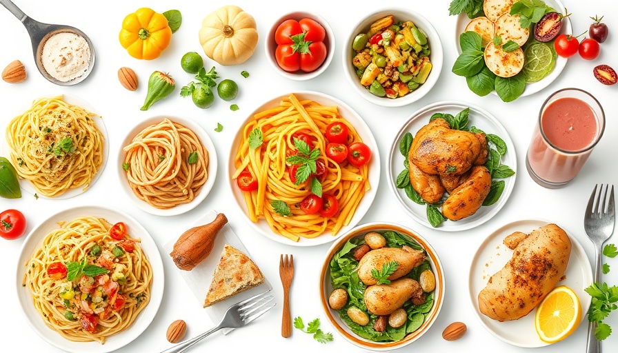 Collage of gluten-free meal plan with pasta, chicken, and smoothie.