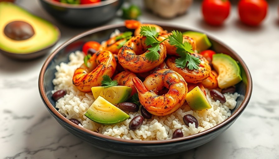 Colorful blackened shrimp bowl with rice, avocado, and toppings.