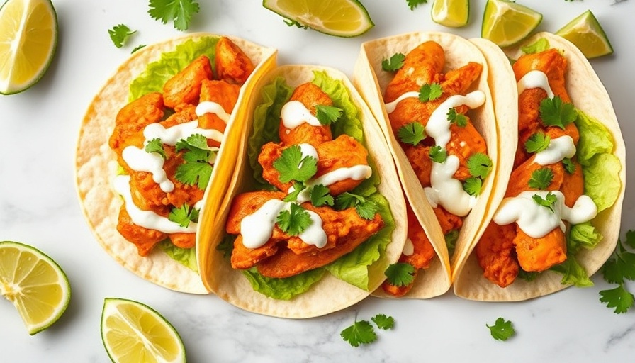 Buffalo chicken tacos with creamy sauce on marble surface.