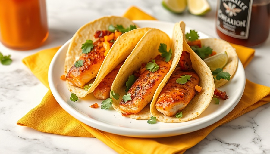 Delicious BBQ salmon tacos on a white plate with a mustard napkin and sauce bottle.