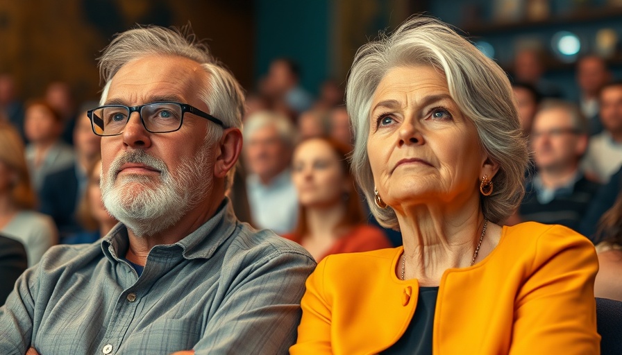 Middle-aged couple attentively watching an event indoors.