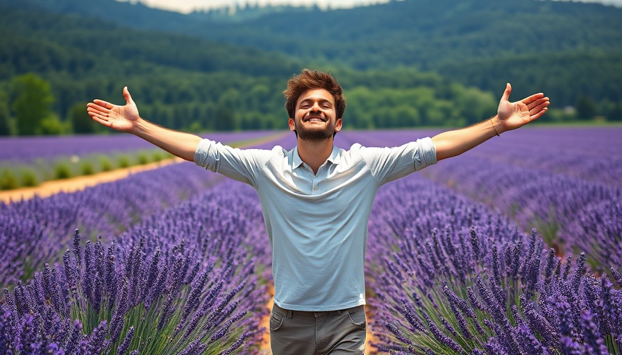 Young man embracing nature in a vibrant lavender field, Budget Travel Techniques.