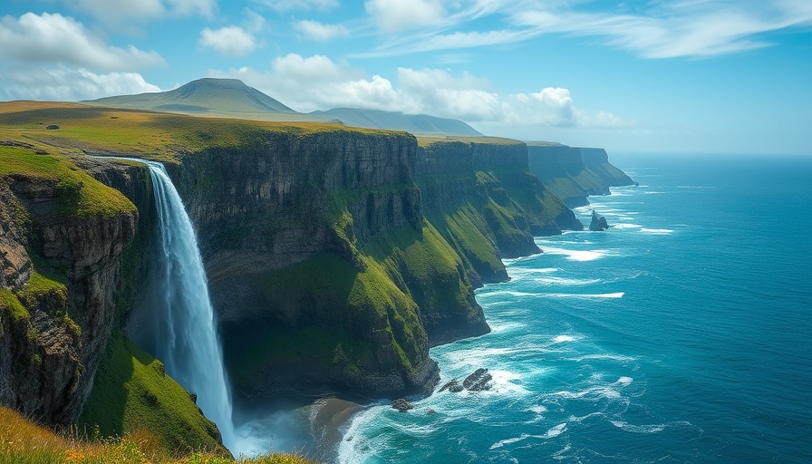 Scenic Views of Faroe Islands with dramatic cliffs and waterfall