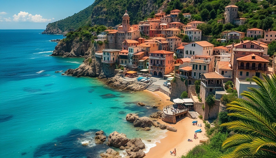 Scenic Views of a coastal village with hillside houses and turquoise waters.