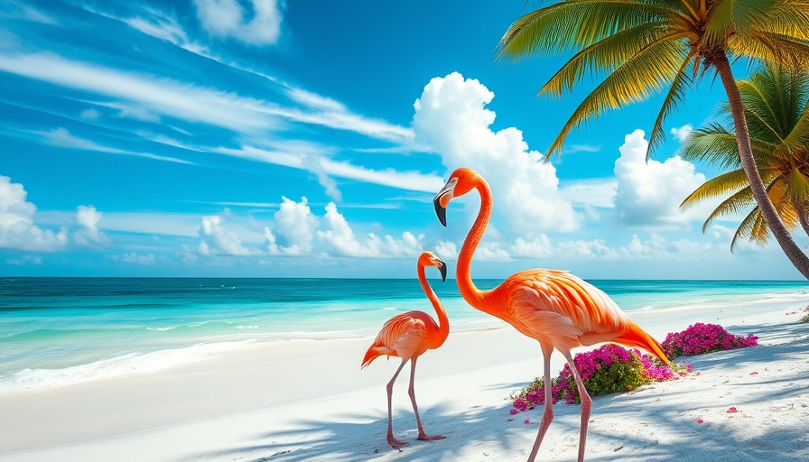 4K Aerial Footage of a tropical beach scene with flamingos.