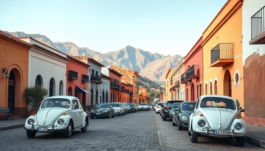 Charming Mexican street scene with vintage cars, best places to visit.