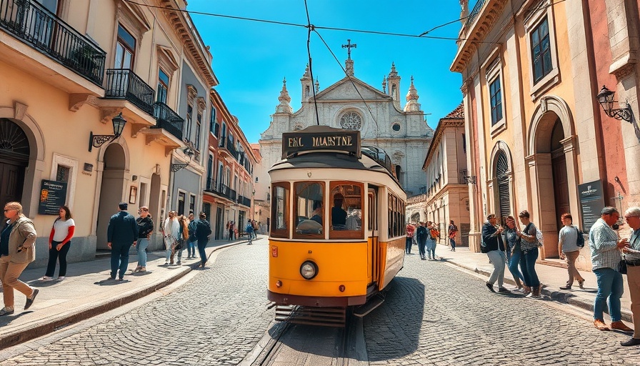Yellow tram in Lisbon near historic church, popular attraction.