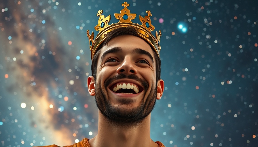 Man with crown against cosmic background for Corona Borealis and Pi Day.
