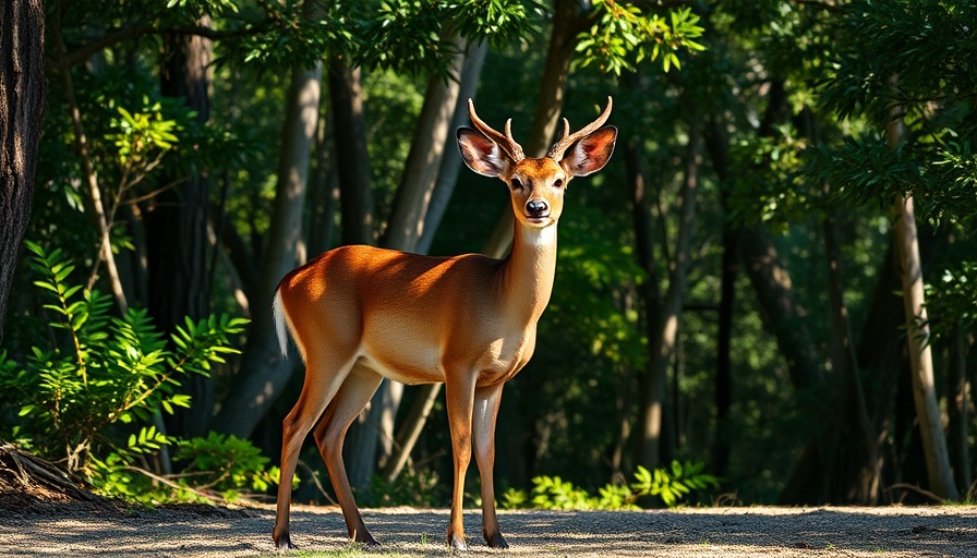 Majestic Florida Key Deer in forest, sunlight filtering through trees.