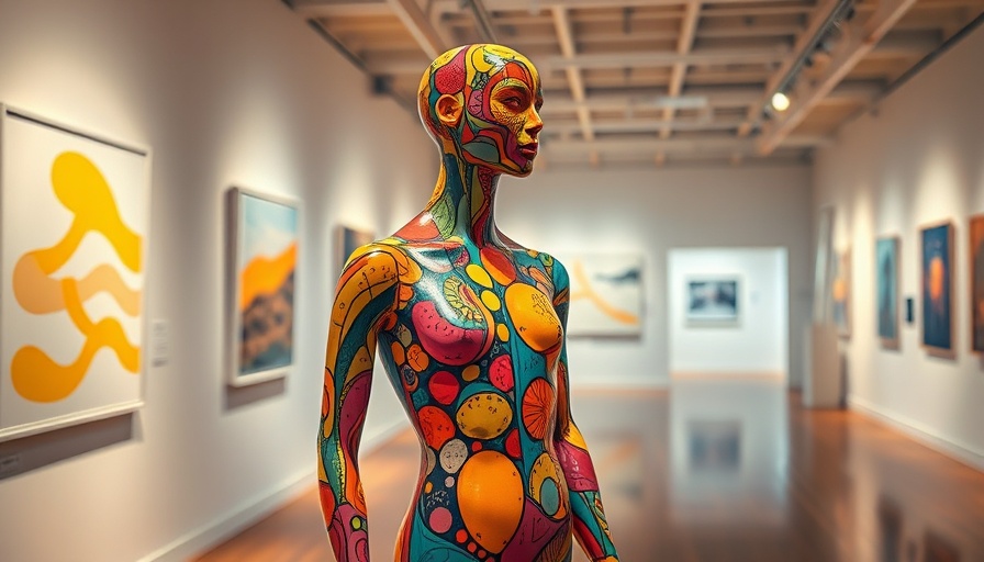 Vibrant mannequin in art gallery with abstract patterns, Diaspora Vibe Cultural Arts Incubator.