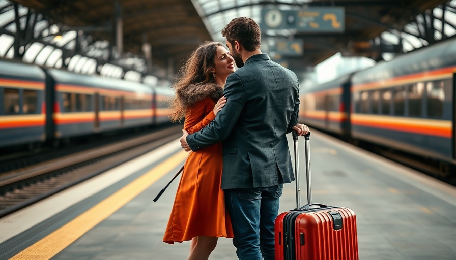Couple at train station, embracing warmly, suitcase symbolizing long-distance connection.