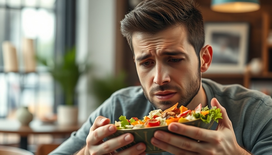 Young man at cafe showing discomfort while eating, highlighting histamine intolerance.